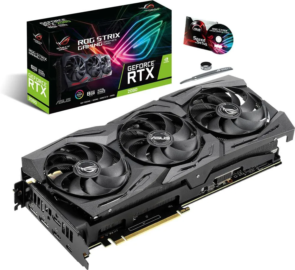 ASUS ROG STRIX GeForce RTX 2080 SUPER triple-fan graphics card in dark gunmetal with RGB lighting