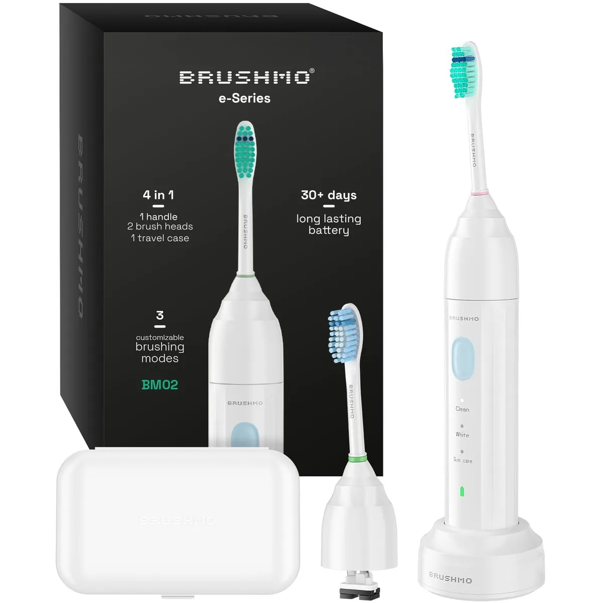  Bruush BM02 E-Series Sonic Toothbrush White 3 Modes IPX7 30 Days 2 Heads — product photo