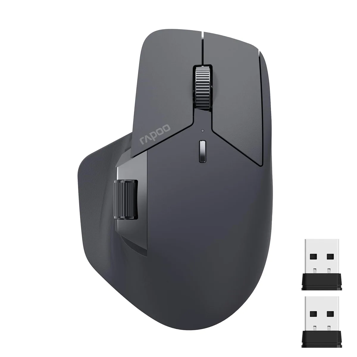 Right-handed matte black wireless gaming mouse with thumb rest and side scroll wheel