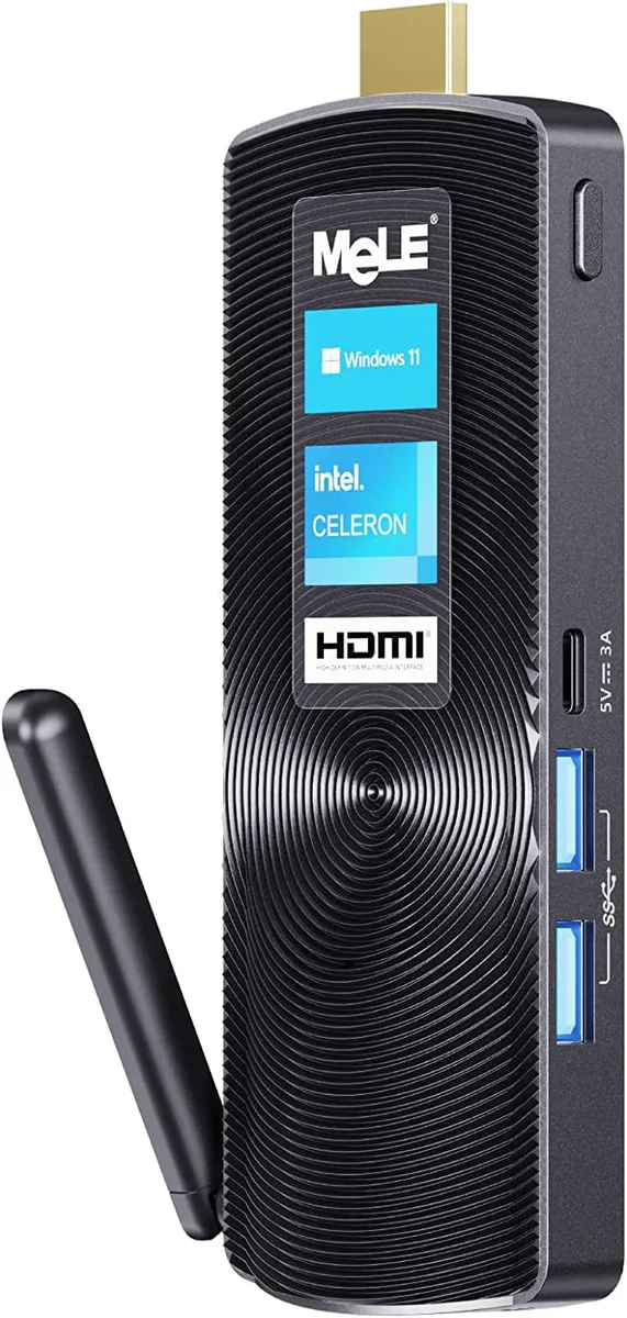 Small rectangular stick PC, matte black finish, HDMI connector on one end
