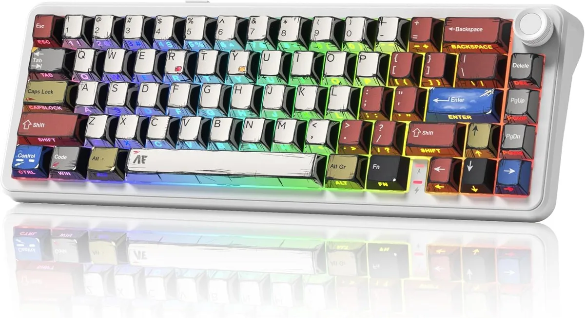 White compact 66-key mechanical keyboard with side knob and RGB lighting