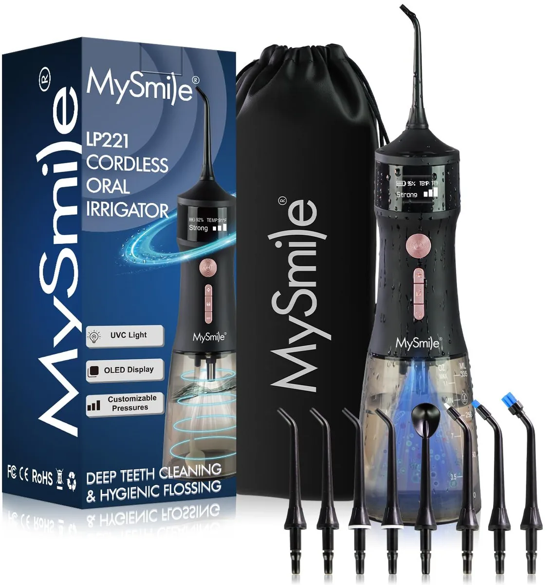  MySmile LP221 Cordless Water Flosser Oral Care 335ml Tank 4 Modes UVC Sanitizer OLED Display Midnight Black — product photo