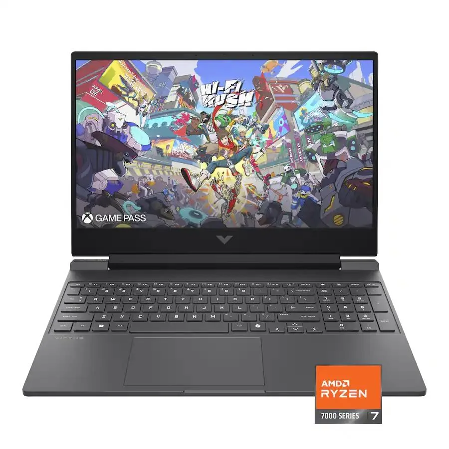 Silver gaming laptop with 15.6 inch screen and backlit keyboard