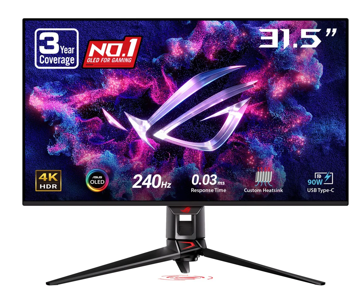 32 inch flat black OLED monitor with frameless bezels on three sides, height adjustable stand, USB-C and HDMI ports visible