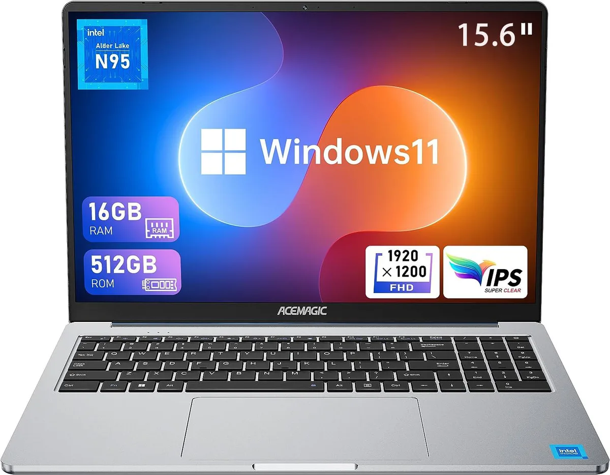 Silver 15.6 inch laptop with thin bezel display and metal body