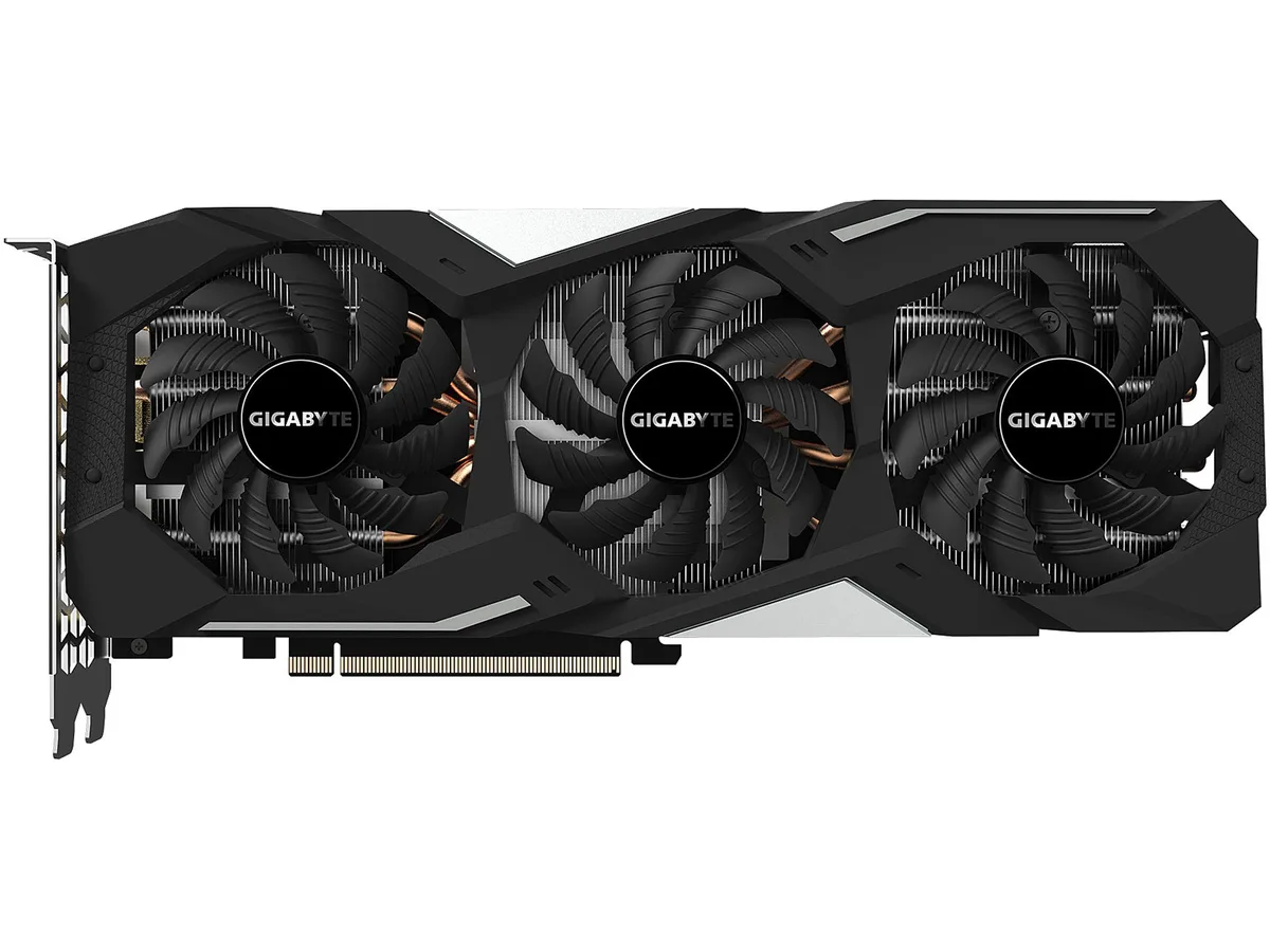 Dual-slot graphics card with black metal shroud and three fans