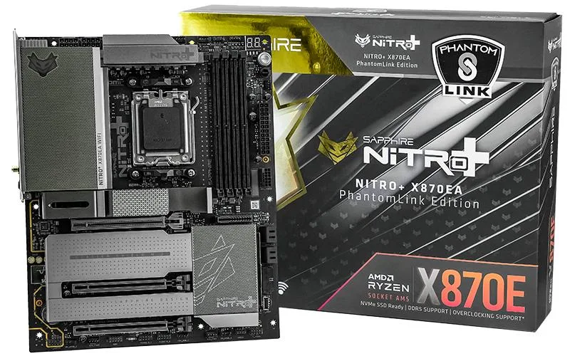 Rectangular ATX motherboard with dark metallic cooling armor, ARGB lighting strips