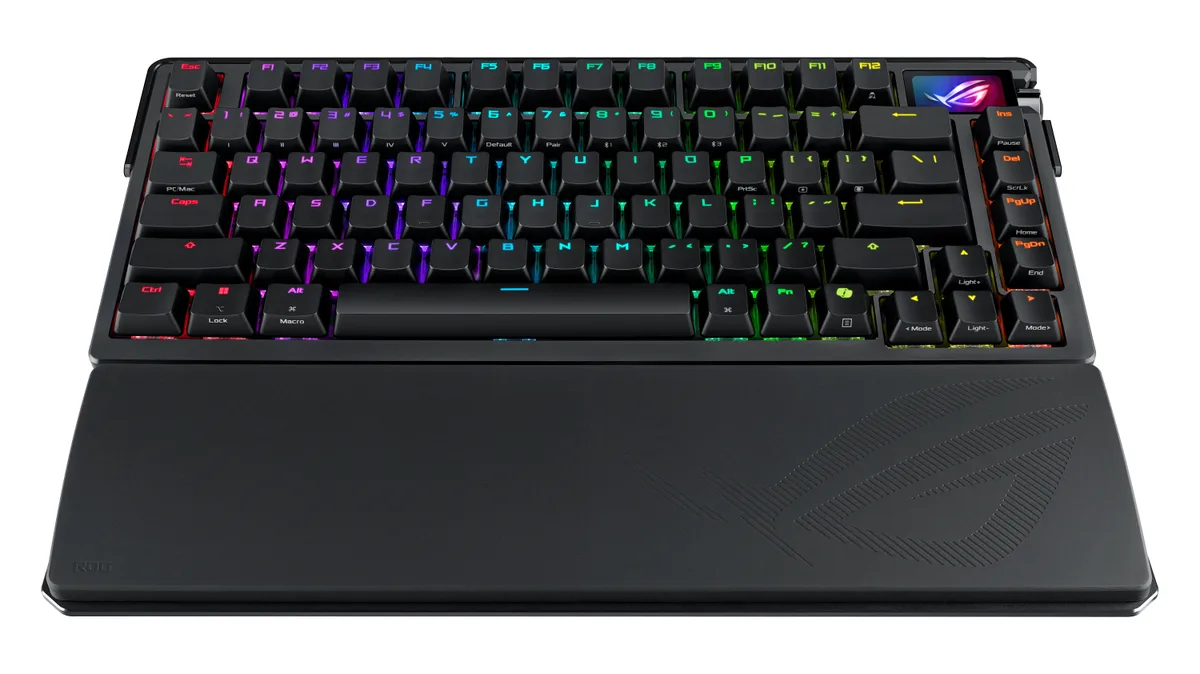 Black aluminium 75% keyboard with carbon-fibre plate, OLED touchscreen and silicone wrist rest