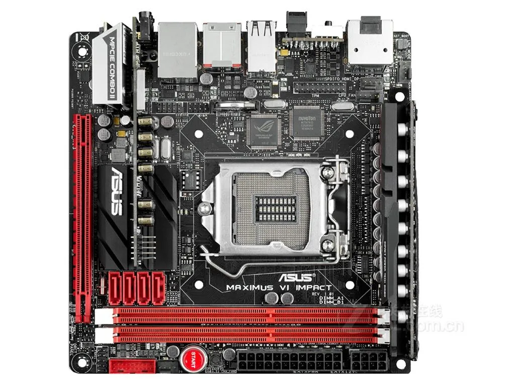 Compact Mini-ITX motherboard in black with metallic heatsinks and rear I/O shield