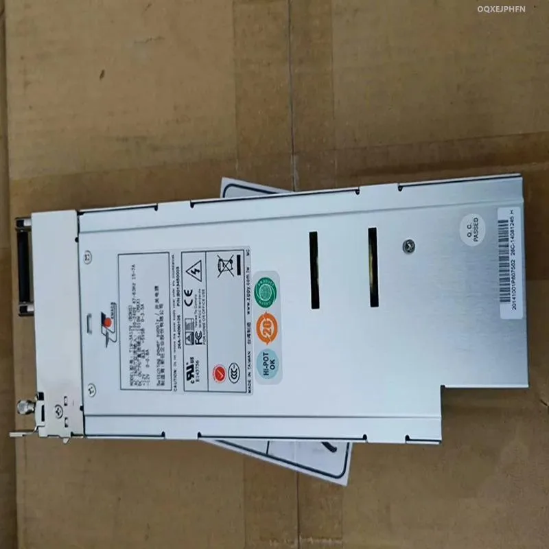 Rectangular silver ATX power supply unit with fan grille and modular cable sockets