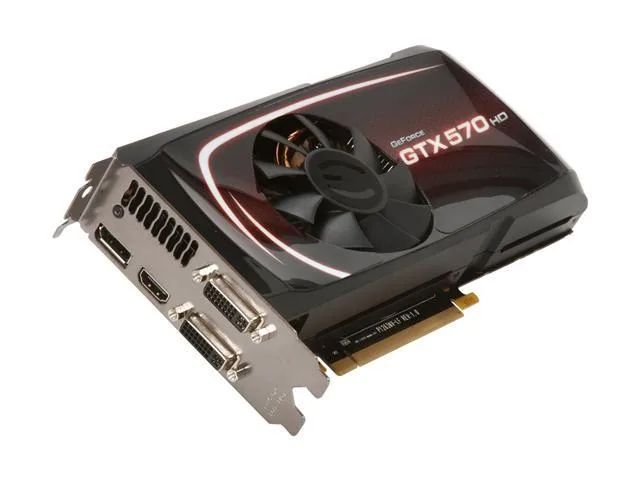 EVGA GeForce GTX 570 SuperClocked graphics card with dual-slot cooler and metal backplate