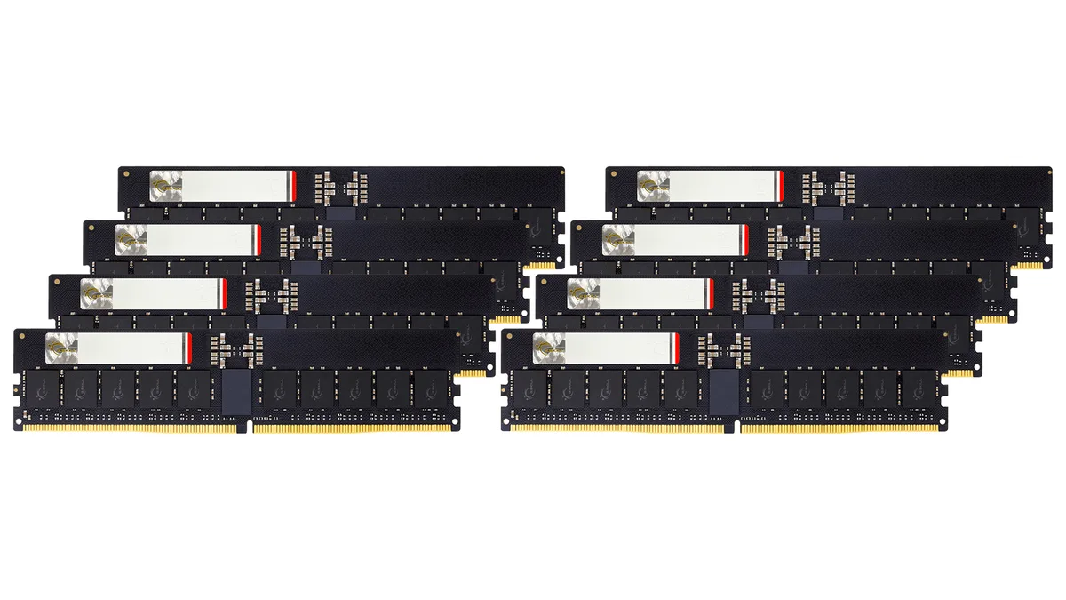 Eight bare green DDR5 RDIMM modules in a row