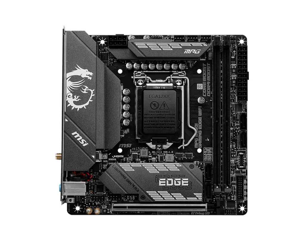Mini-ITX motherboard, dark grey PCB with black heatsinks and silver accents