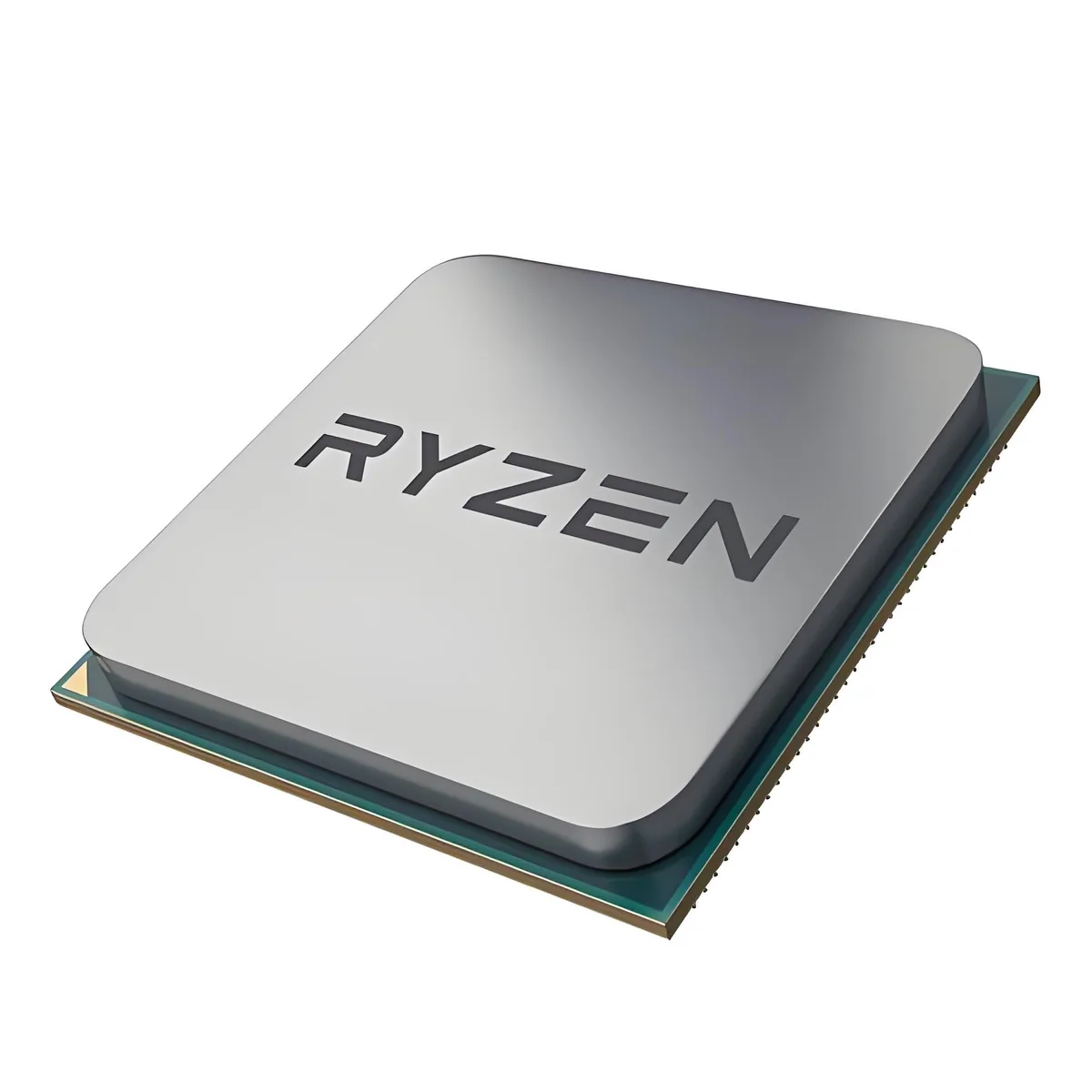 Square green ceramic chip with gold pins and silver heat spreader marked Ryzen 7 5700X3D