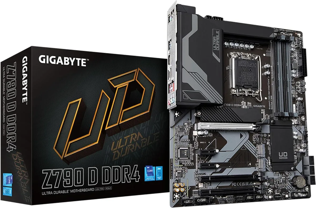 Black ATX motherboard with silver heatsinks, four DDR4 slots, PCIe 5.0 x16 slot, triple M.2 covers, USB-C port, 2.5GbE LAN, RGB headers