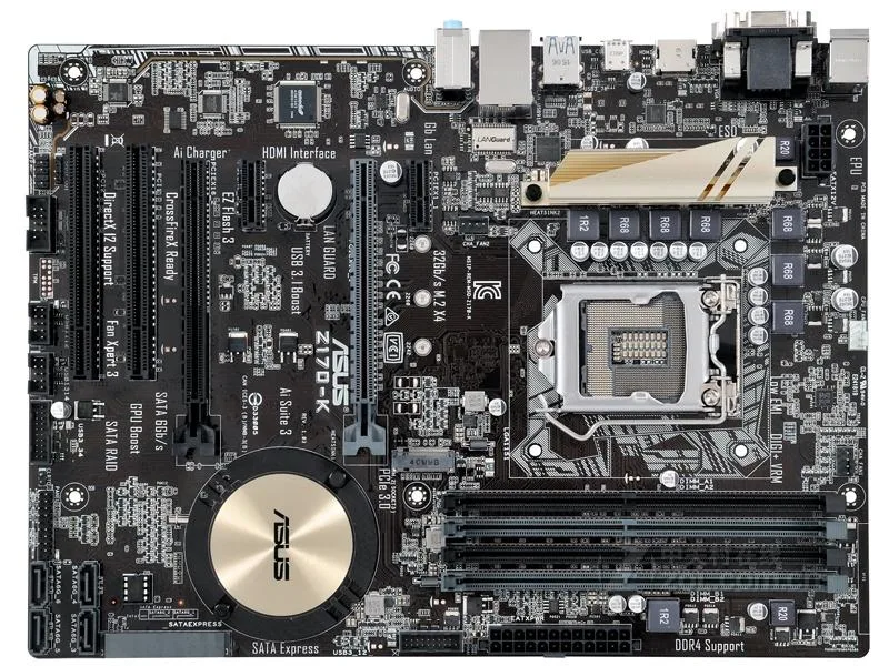 ATX motherboard in black and grey with silver heatsinks and LGA 1151 socket