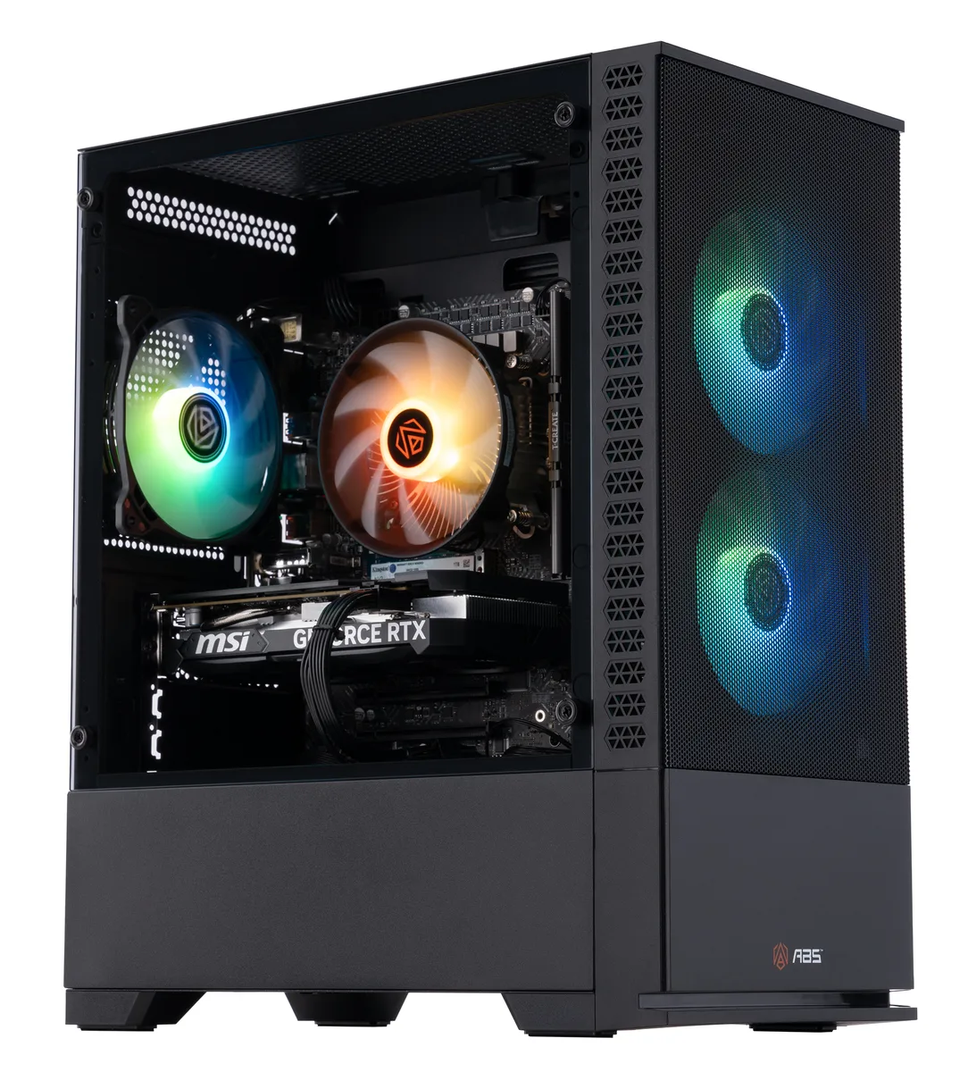Black ABS Cyklon mATX gaming tower with RGB air cooler visible through side panel