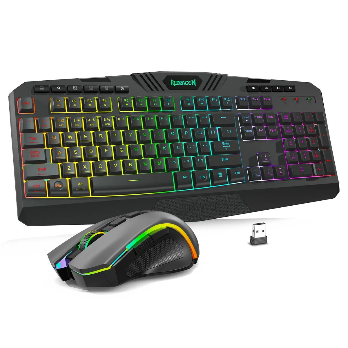 Black wireless gaming keyboard and mouse combo with RGB lighting