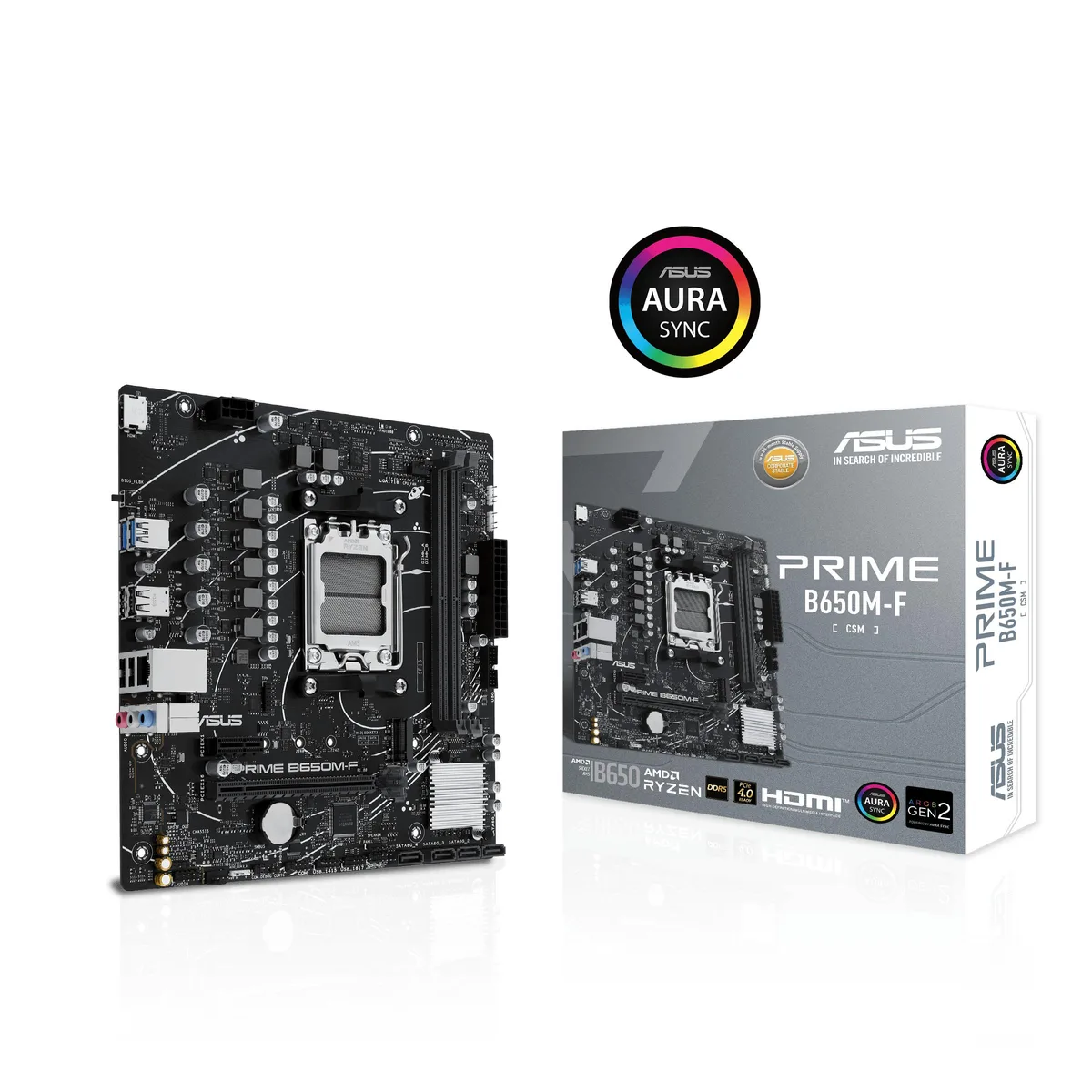 Micro-ATX motherboard with dark PCB, silver heatsinks, AM5 socket, four DDR5 slots, M.2 shield, rear I/O panel