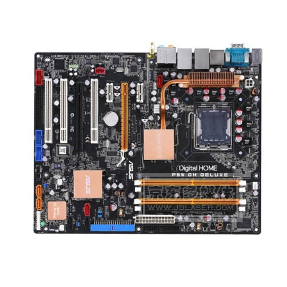 ASUS P5W DH Deluxe ATX motherboard in green with silver heatsinks and black slots
