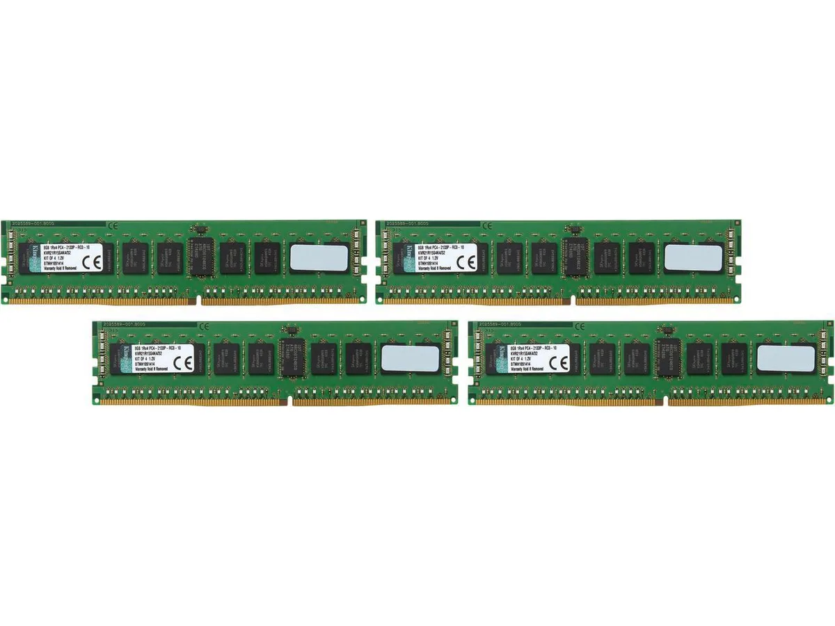 Four green DDR4 memory sticks with gold contacts and silver heatspreaders