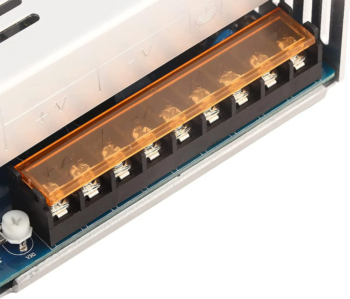 Rectangular aluminium power supply, silver finish, screw terminals visible