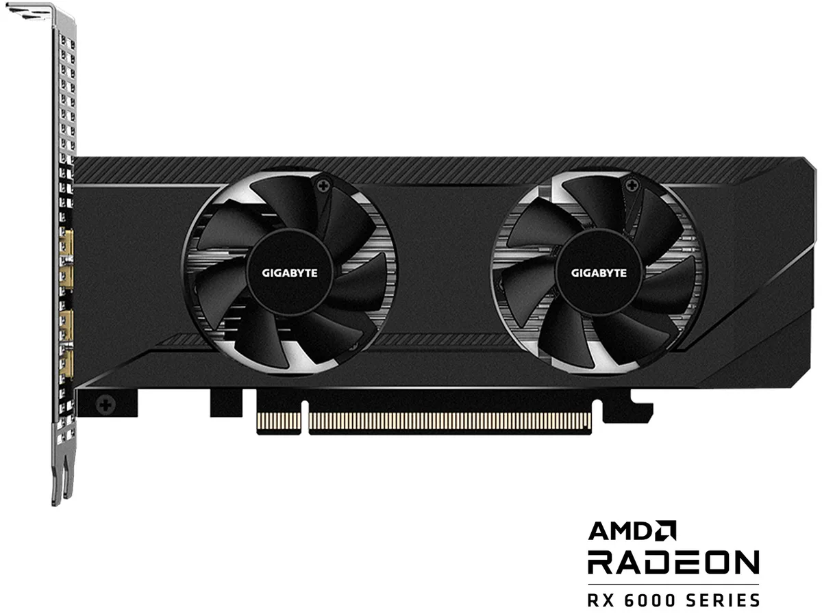Compact low-profile graphics card with dual fans and matte black finish