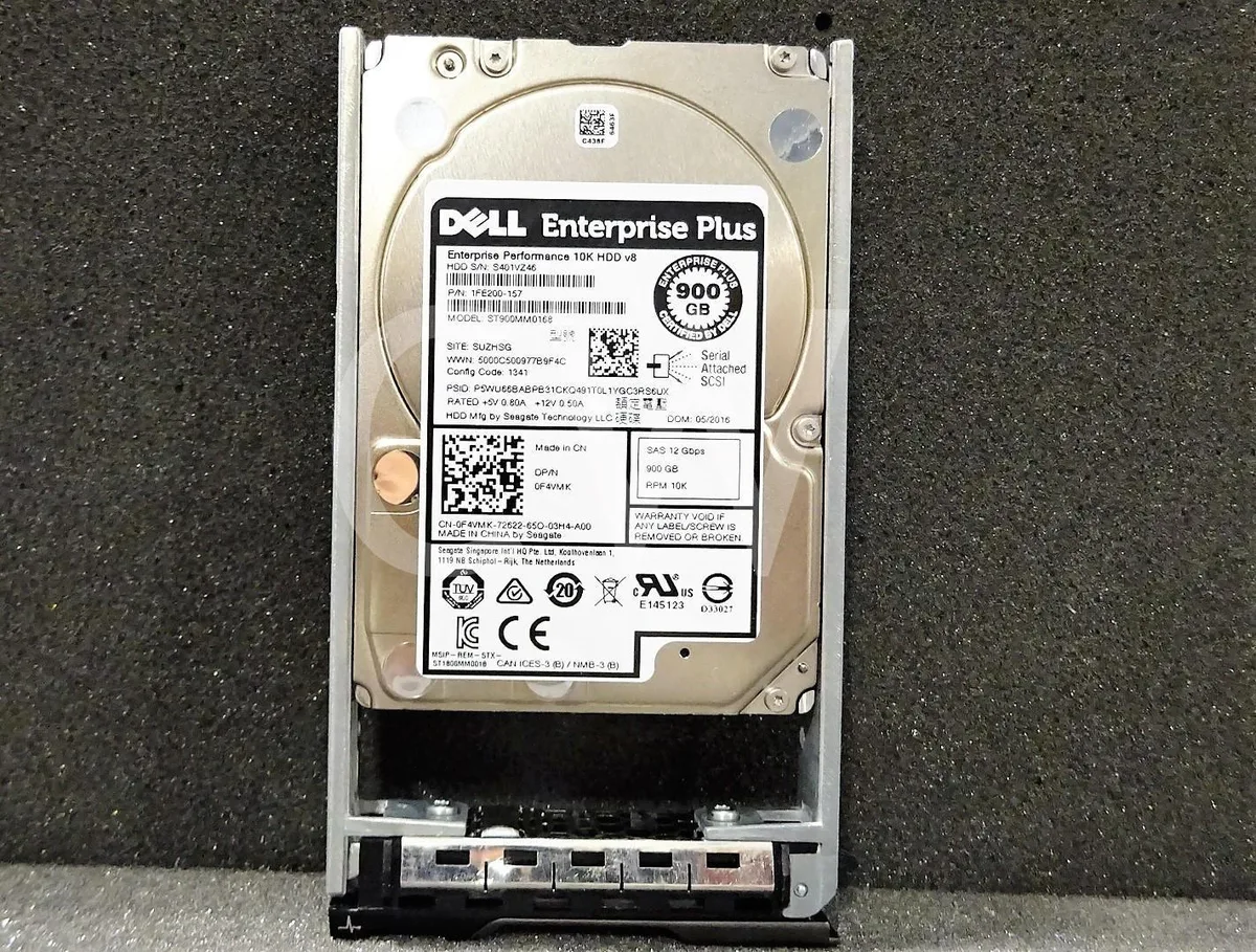 Silver 2.5 inch SAS hard drive with black label and tray