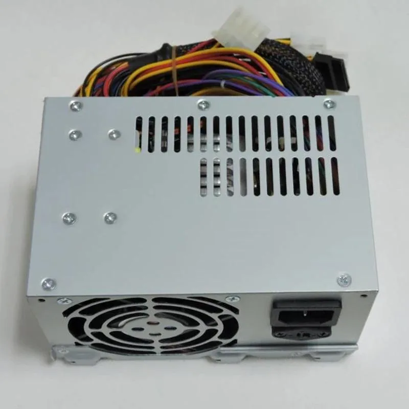 Rectangular metal ATX power supply unit with matte black finish and rear fan grille