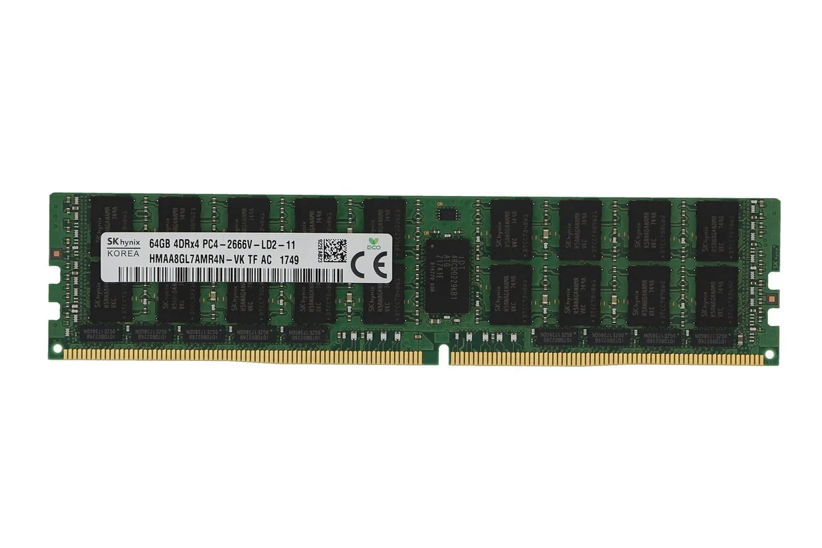 Green printed circuit board with black memory chips on both sides, gold edge connector, no heat spreader