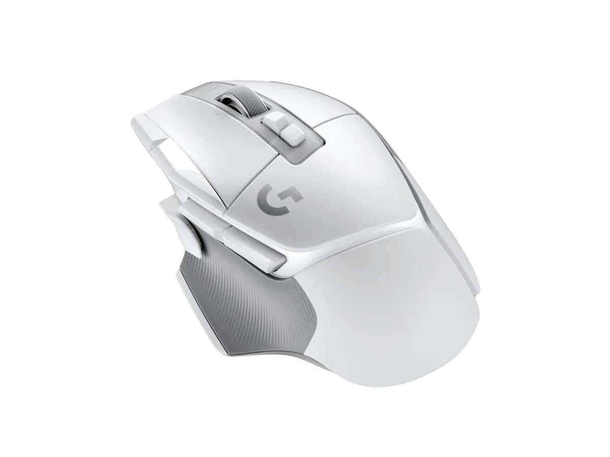 White wireless gaming mouse with ergonomic right-handed shape and textured side grips
