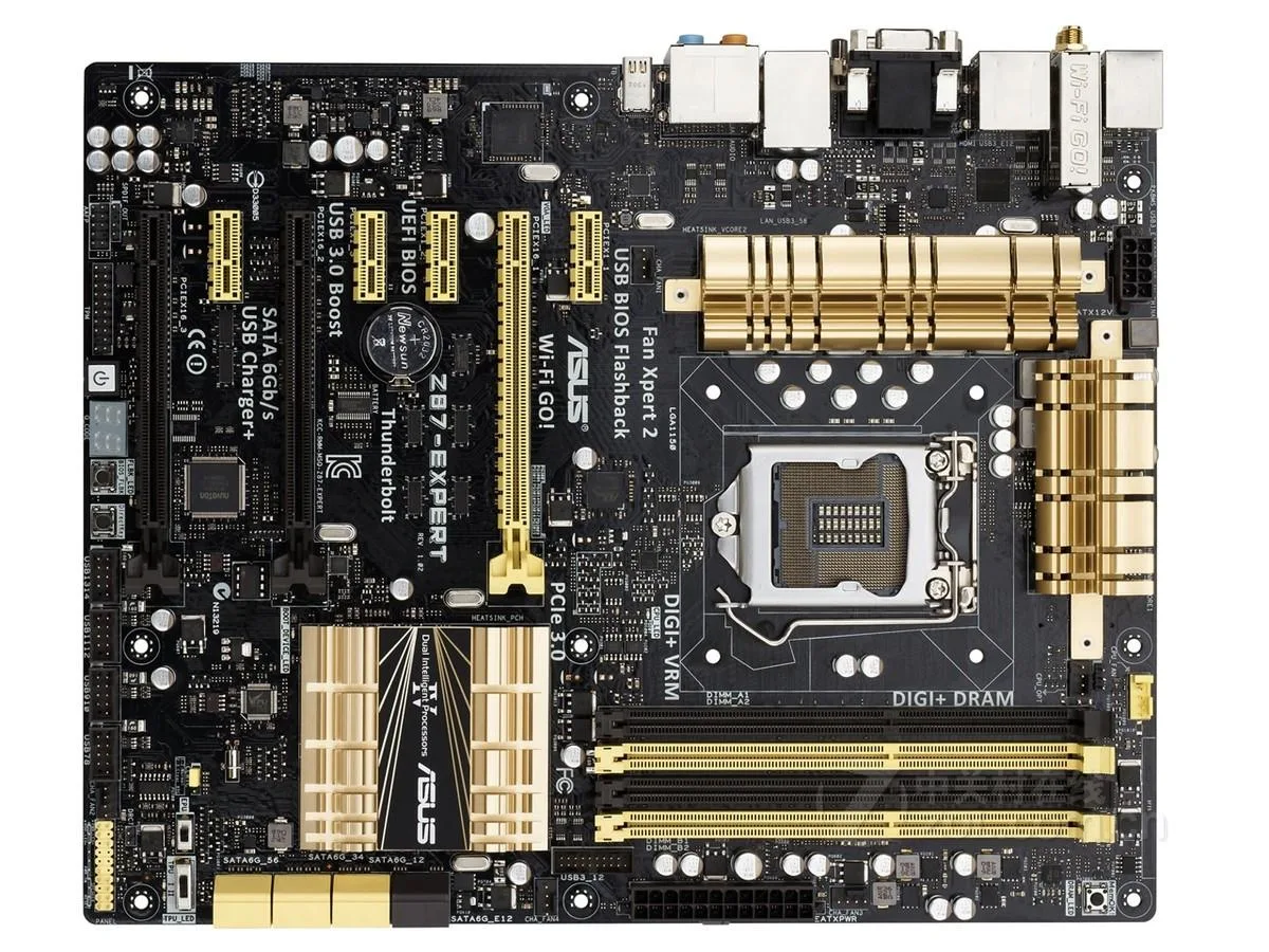 ATX motherboard with black PCB and silver heatsinks