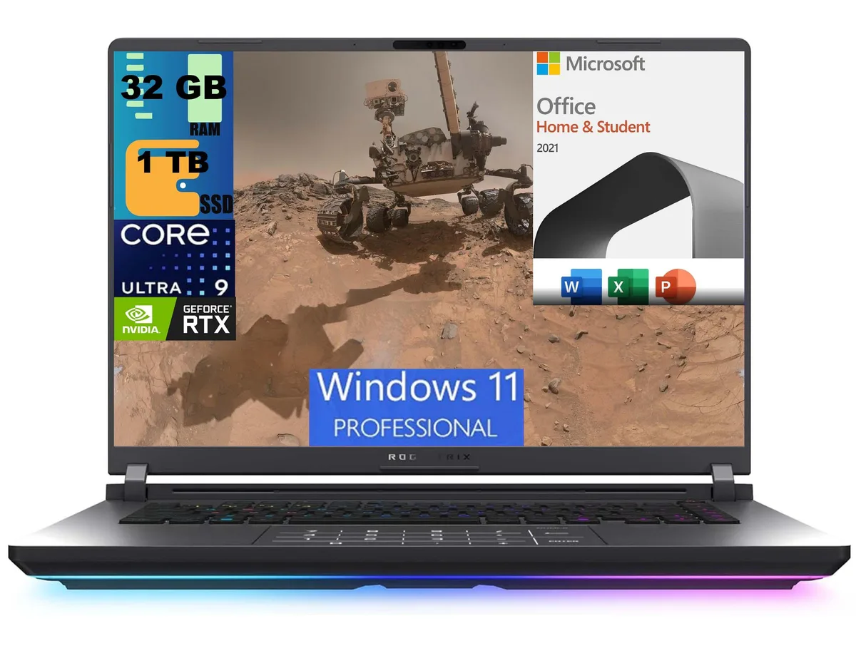 Gray gaming laptop with 16 inch screen and backlit keyboard