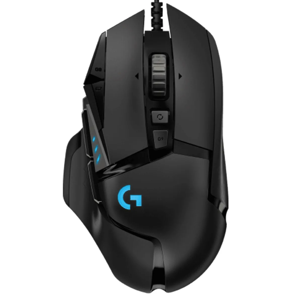 Black right-handed wired gaming mouse with contoured shape, 11 buttons, tilt scroll wheel