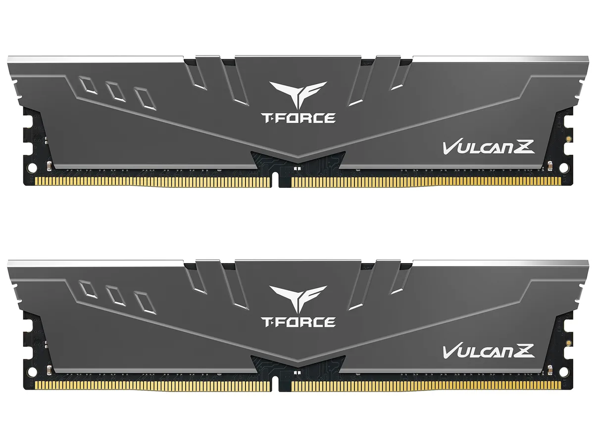 Two gray aluminum heat spreaders on dual channel DDR4 memory kit