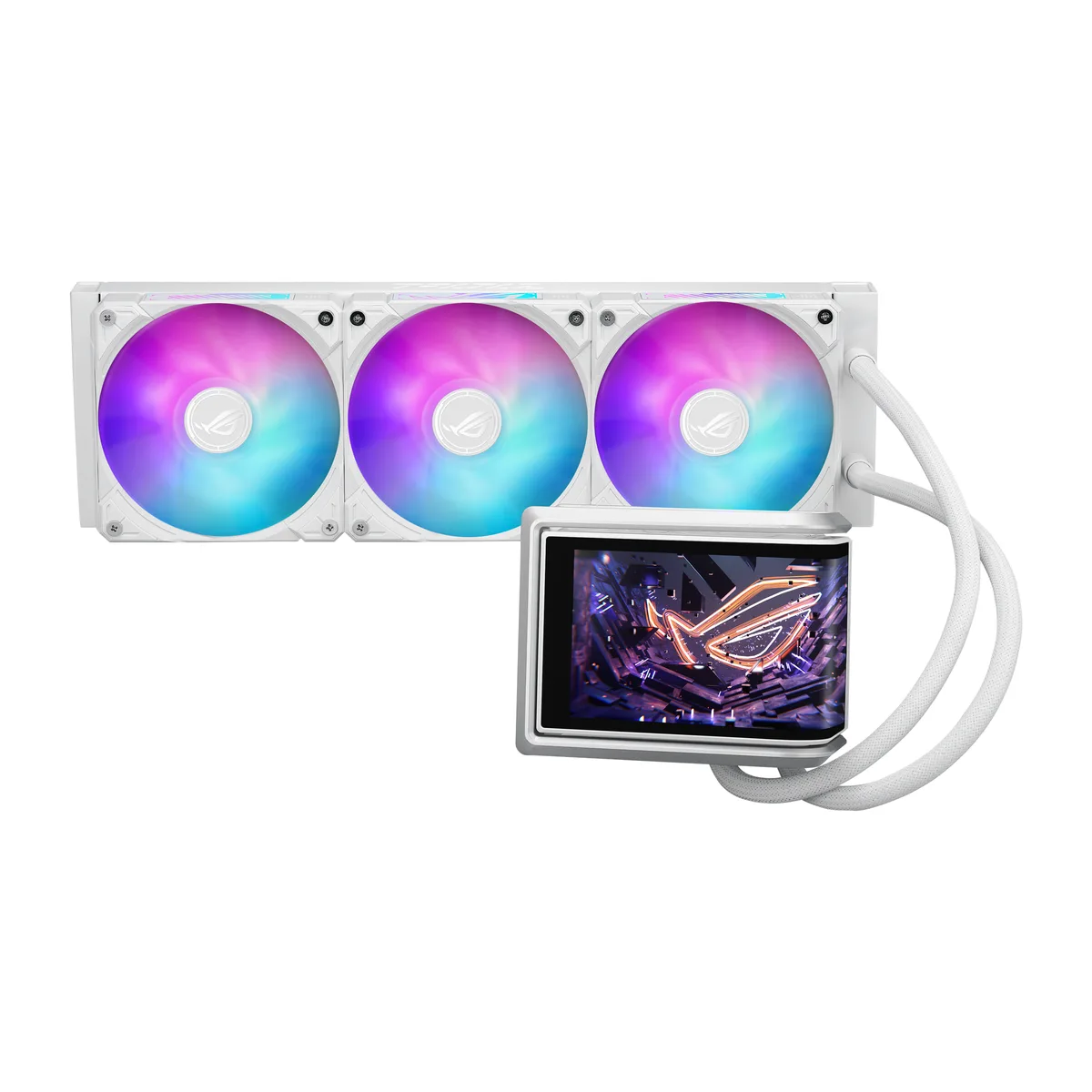 White 360 mm liquid cooler with curved 6.67 inch AMOLED screen and ARGB fans