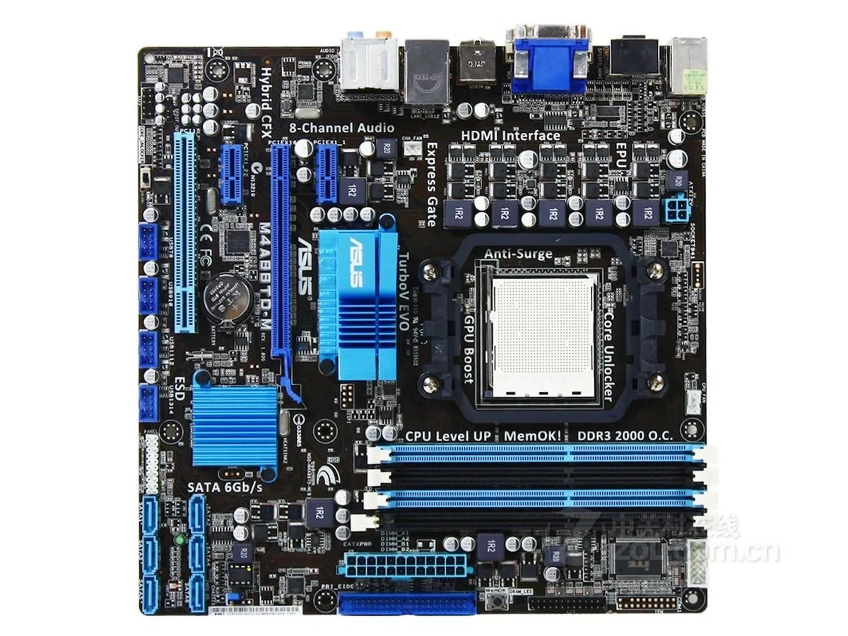 Green micro-ATX motherboard with black AM3 socket and four DDR3 slots