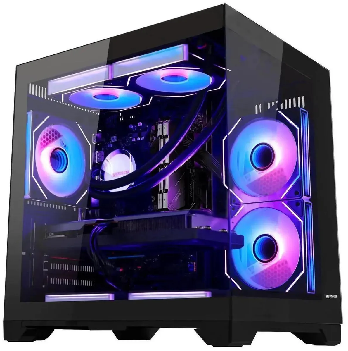 Black mid-tower gaming desktop with liquid cooler visible through side panel
