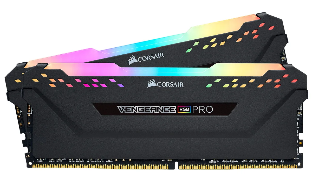 Two black anodized aluminium DDR4 modules with 10 RGB LEDs each