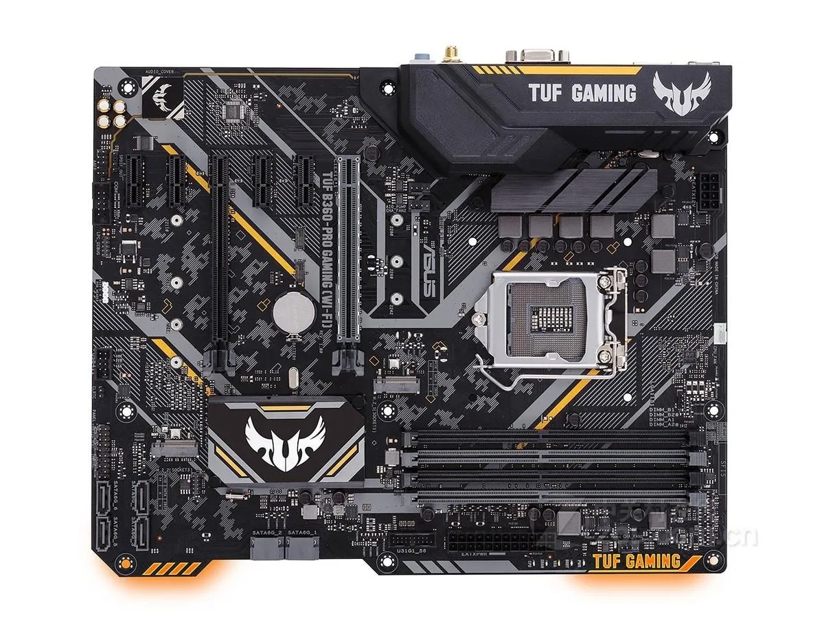 ATX motherboard with black PCB and yellow accents, LGA 1151 socket, DDR4 slots, rear I/O panel and SATA cable included
