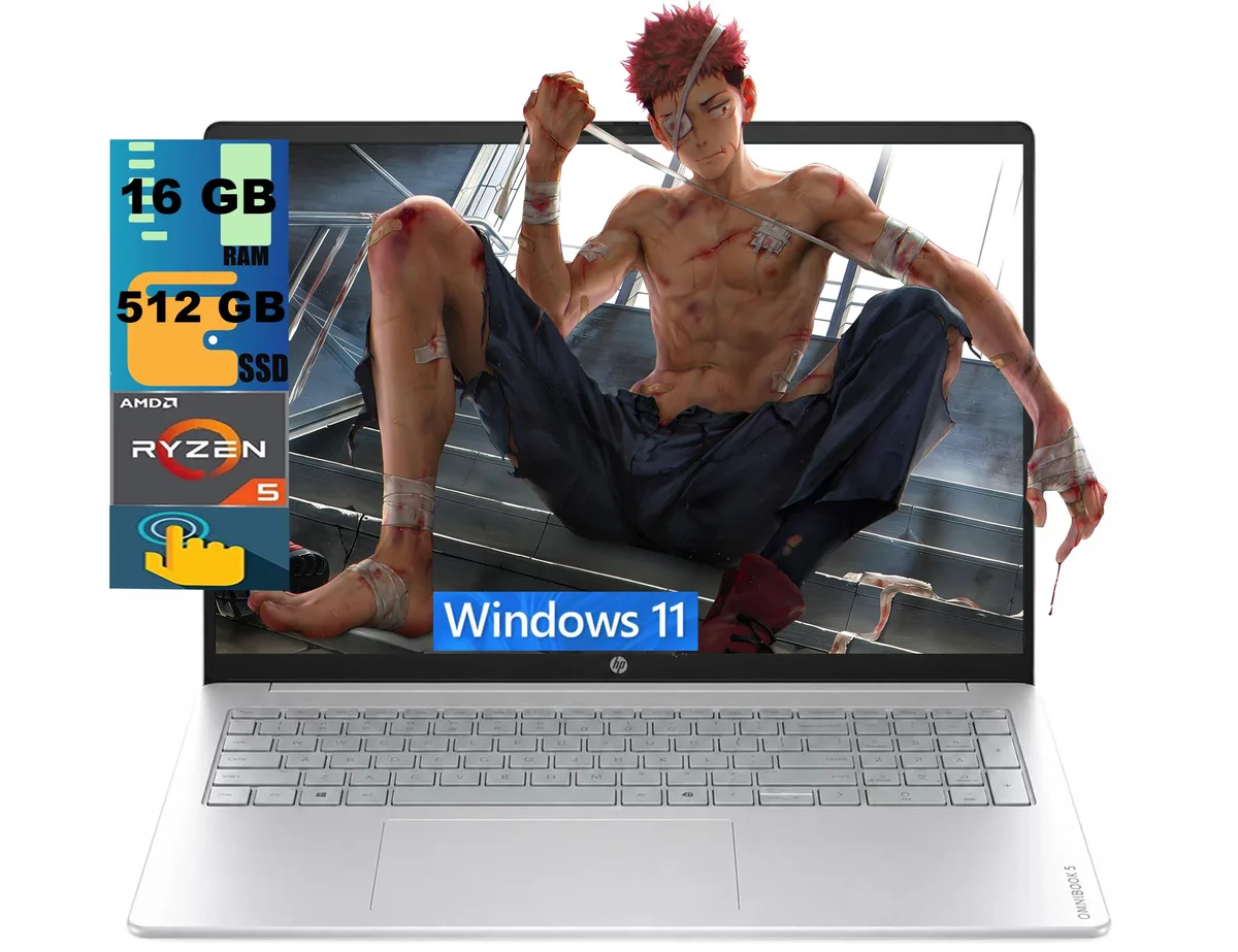 Silver HP OmniBook 3 16 laptop open showing 16 inch touchscreen and keyboard