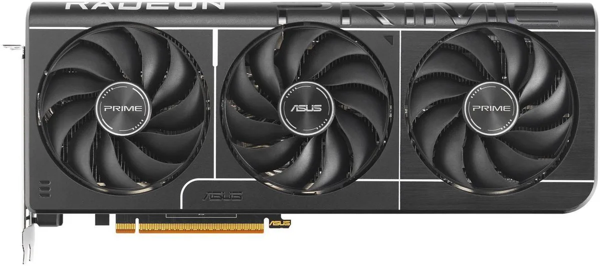 ASUS PRIME Radeon RX 9070 graphics card, triple-fan cooler, dark finish, metal backplate
