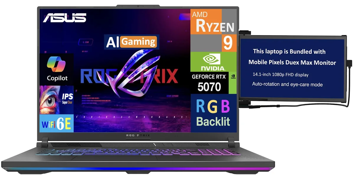 Eclipse Gray 18 inch gaming laptop with 14 inch secondary monitor attached