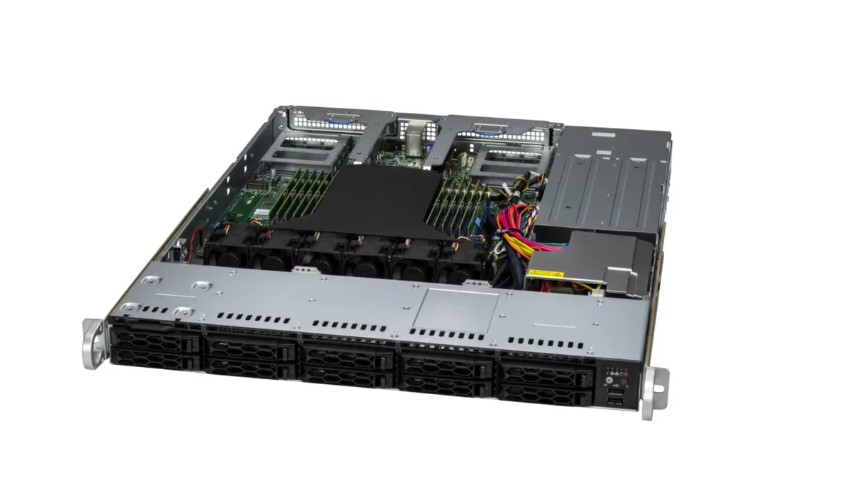 1U rack server, matte black front, ten 2.5 inch SATA drive bays