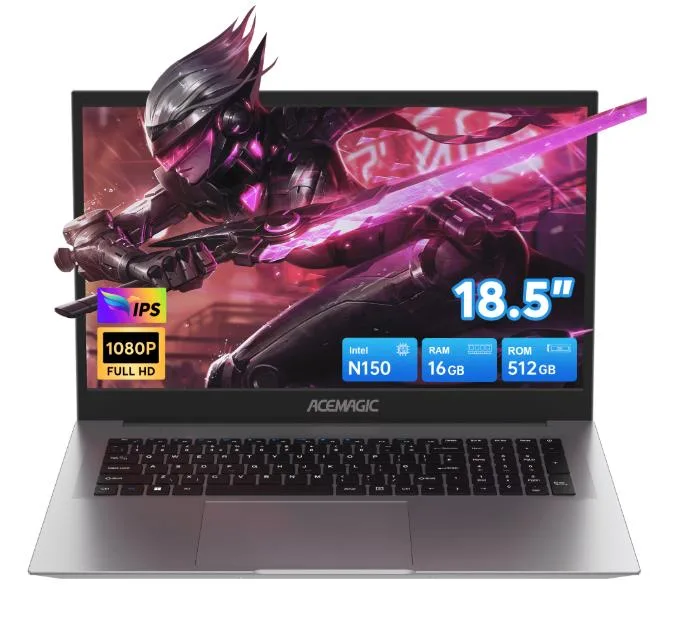Silver clamshell laptop open showing 18.4 inch screen and keyboard