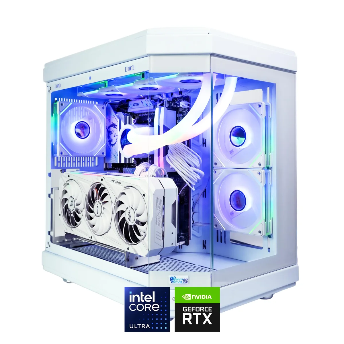White mid-tower gaming desktop with glass side panel