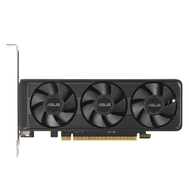 Low-profile black graphics card with dual fans and metal backplate