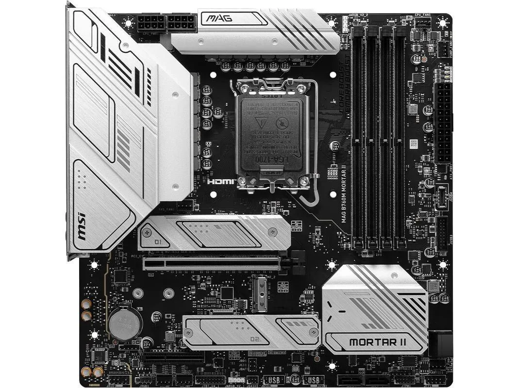 Dark grey Micro ATX board with silver heatsinks, black PCB, LGA 1700 socket, four DDR5 slots, PCIe x16 and x4 slots