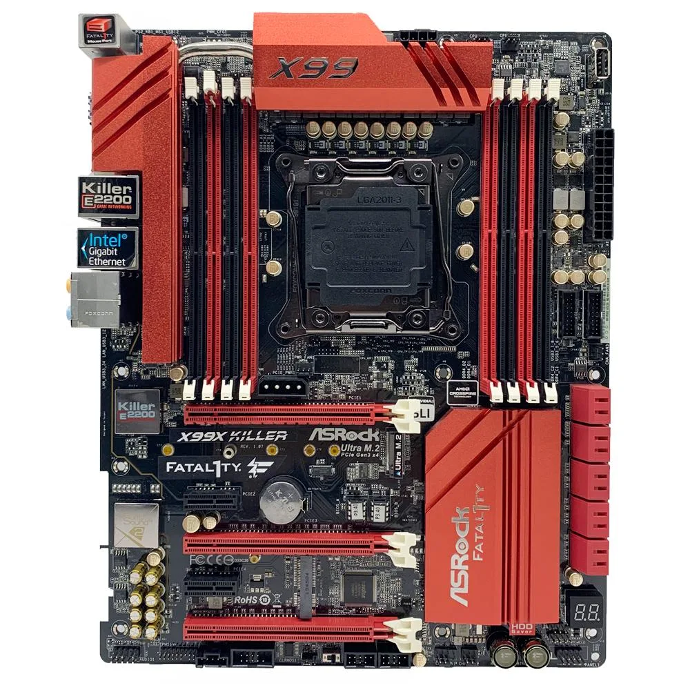 ATX motherboard, black PCB with red accents, LGA 2011-v3 socket, eight DDR4 slots, multiple PCIe slots