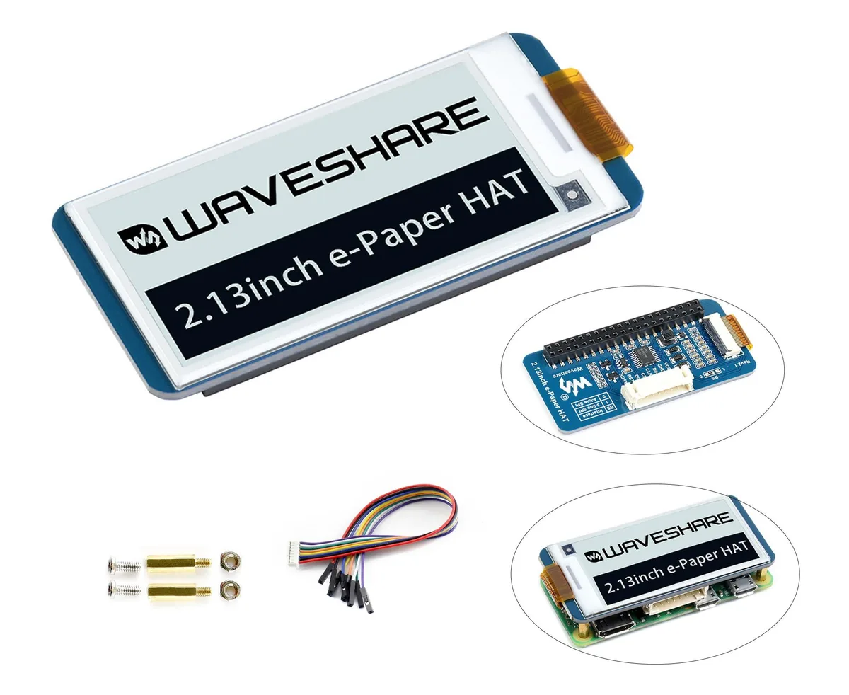 Small rectangular e-paper HAT board with 2.13 inch black and white display, 40 pin GPIO header, SPI interface, matte finish